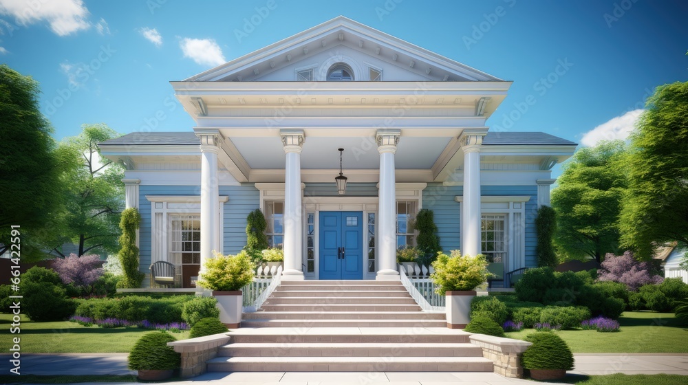 Beautiful home exterior on sunny day with blue sky. Features front door with glass panels and columns flanking entrance.