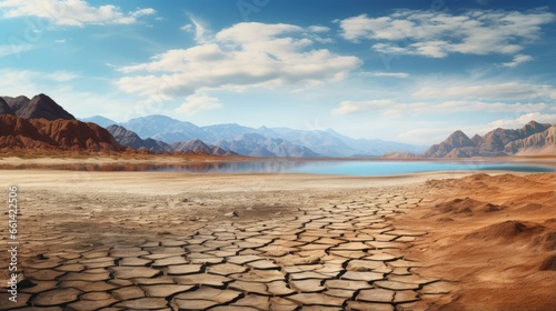 Landscape with mountains and a lake and a dried desert. Global climate change concept