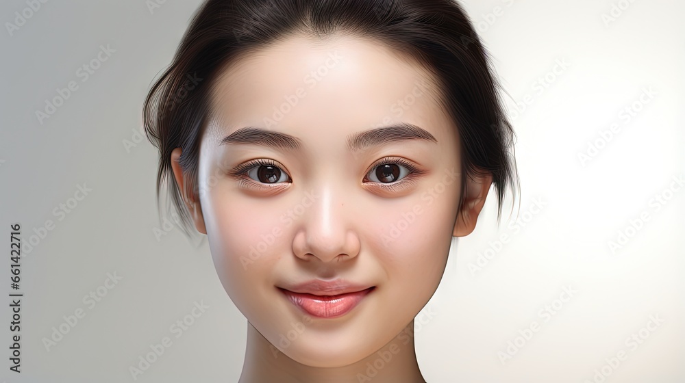 Beauty portrait of happy Asian female face with natural skin on white background Beauty portrait of happy Asian female face with natural skin on white background