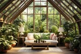 Glossy conservatory with lush greenery, skylights, and a serene atmosphere, Generative AI