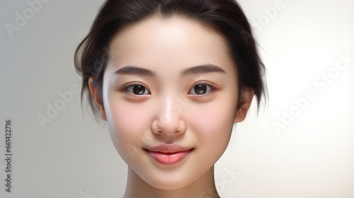 Beauty portrait of happy Asian female face with natural skin on white background