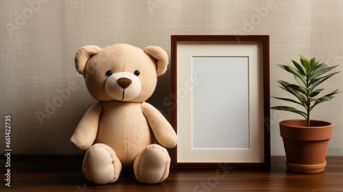 Airplane toy and teddy bear over wood table