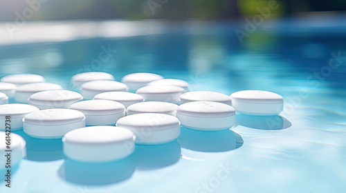 Closeup of chlorine tablets for swimming pool cleaning, chlorine tablets on the edge of a swimming pool, chlorine tablets for swimming pool disinfection