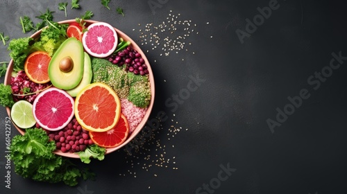 Vegan, detox Buddha bowl with quinoa, micro greens, avocado, blood orange, broccoli, watermelon radish, alfalfa seed sprouts. Top view, flat lay, copy space