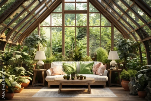 Glossy conservatory with lush greenery, skylights, and a serene atmosphere, Generative AI