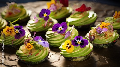 Canapes with avocado paste and edible flowers photo