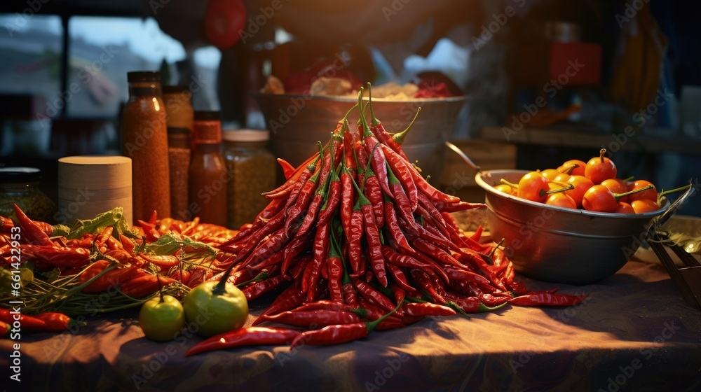 Hot chilli peppers on an outdoor market stall in the city of Gaziantep of Turkey country