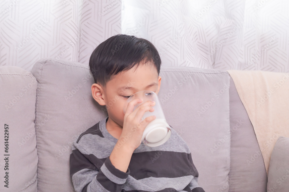 Adorable Asian preschool boy sitting on sofa show milk mustache with a glass of dairy milk, portrait of healthy little kid holding a cup of milk stay home smiling face son enjoying drinking milk Adorable Asian preschool boy sitting on sofa show milk mustache with a glass of dairy milk, portrait of healthy little kid holding a cup of milk stay home smiling face son enjoying drinking milk