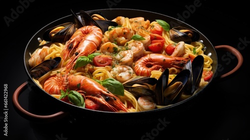 Pasta with seafood in a pan, nutritious food