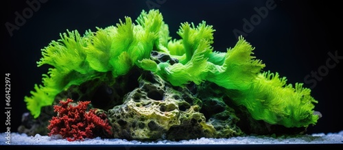 Rock in reef aquarium tank covered with green cyanobacteria With copyspace for text photo