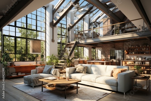 Open-concept loft space with a glossy mezzanine, industrial accents, and an abundance of natural light, Generative AI © Box Milk
