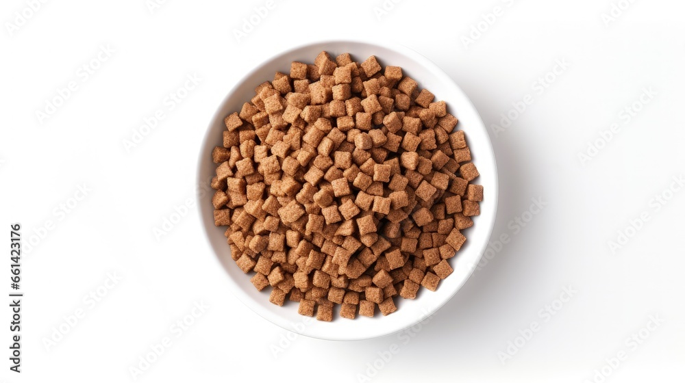 dry pet food in bowl on white background top view dry pet food in bowl on white background top view