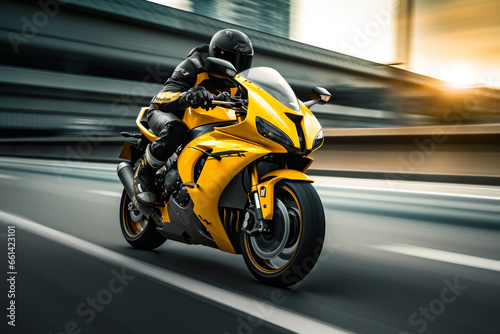 yellow motorbike rider at high speed along the highway    3d rendering  AI generative  