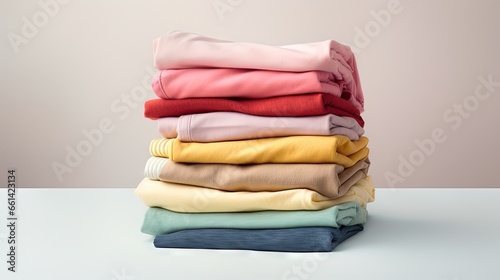 Stack of colorful perfectly folded clothing items. Pile of different pastel color shirts, sweaters isolated and other garments on white background. Close up, top view, copy space.