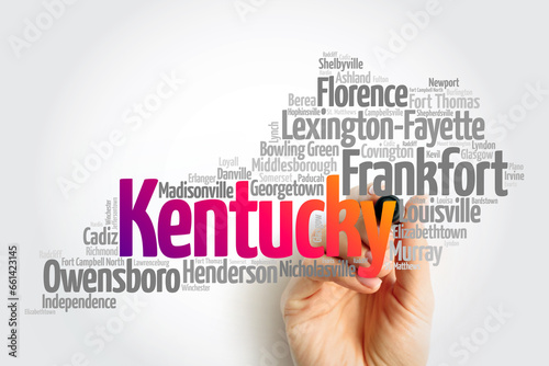 List of cities in Kentucky USA state, map silhouette word cloud map concept photo