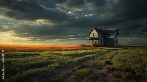 A lonely abandoned house in a field. Abandoned farm house. Abandoned farm house in field. Farmland with abandoned farm house