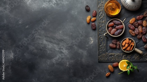 Ramadan kareem holiday table with dried dates, fruits, tea and decorations on stone background. Top view, flat lay