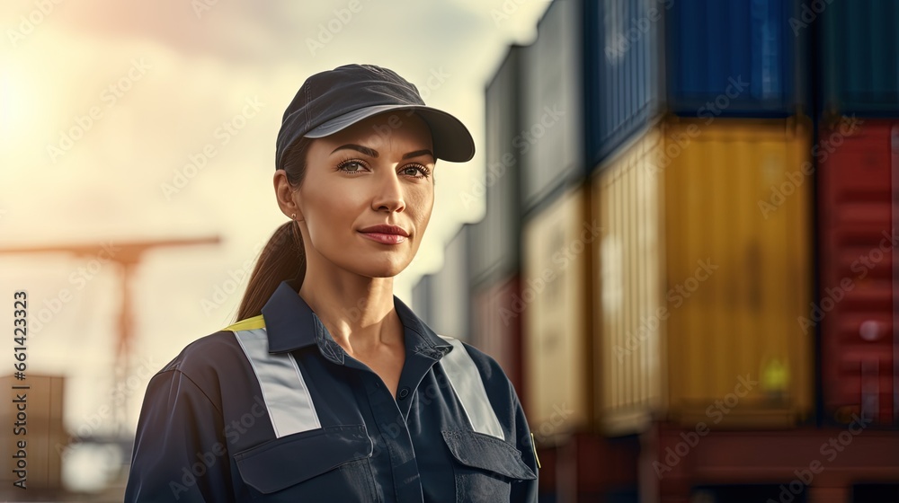 Confident inspector standing in front of cargo container in shipping yard. Smart female engineer, dock worker wear hard hat using clipboard and radio to command transportation. Concept of logistics Confident inspector standing in front of cargo container in shipping yard. Smart female engineer, dock worker wear hard hat using clipboard and radio to command transportation. Concept of logistics