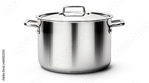 Open stainless steel cooking pot over white background © HN Works