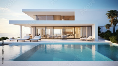3d rendering of white modern house with marble terrace floor and swimming pool.