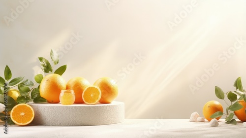 Beauty skin care product presentation podium and display with copy space made with porous stones and oranges on white sunny background. Studio photography.