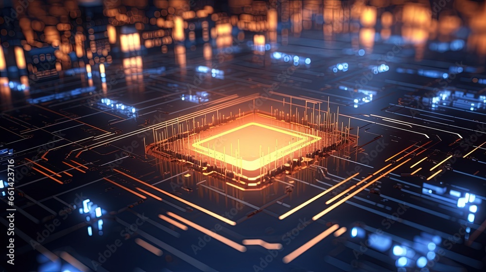 3D Rendering of digital binary data on microchip with glow circuit board background. Concept of for deep machine learning, crypto currency, hi tech product uses. Big data visualization, cpu processing - obrazy, fototapety, plakaty 
