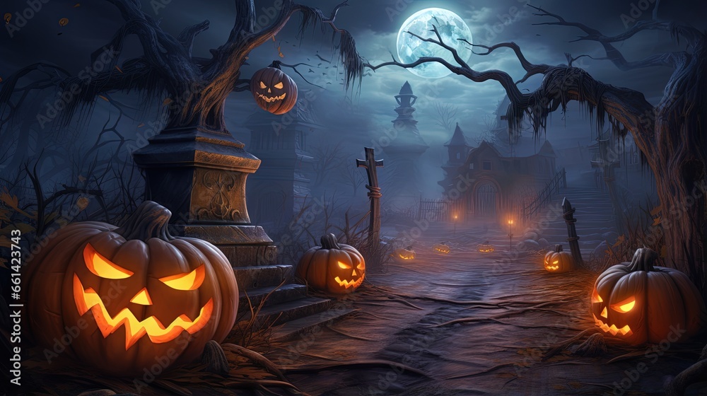 Fototapeta premium Beautiful painted concept of a Magical Halloween Scene with Jack o Lanterns (carved and lit pumpkins), Haunted Houses, Mist, Bats and the Moon