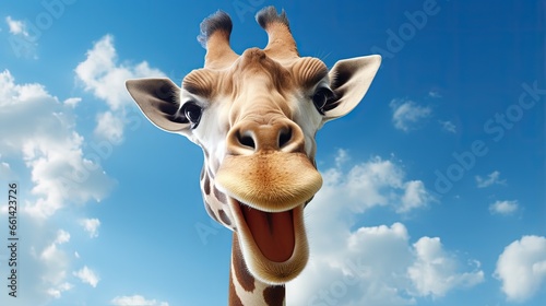 Giraffe at the zoo on a blue sky background. Giraffe has funny facial expressions. The giraffe stuck out the tip of its tongue.