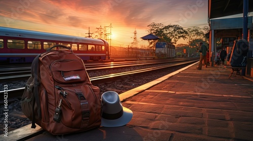 Backpack travel with hat, camera, map, earphone and smart phone on the ground of train station at sunset background train. travel and backpack concept.