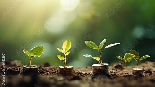 The coins are stacked on the ground and the seedlings are growing on top, the concept of saving money and financial and business growth.