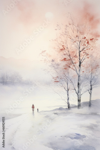 Snowy winter landscape. Watercolor painting. Watercolor illustration.