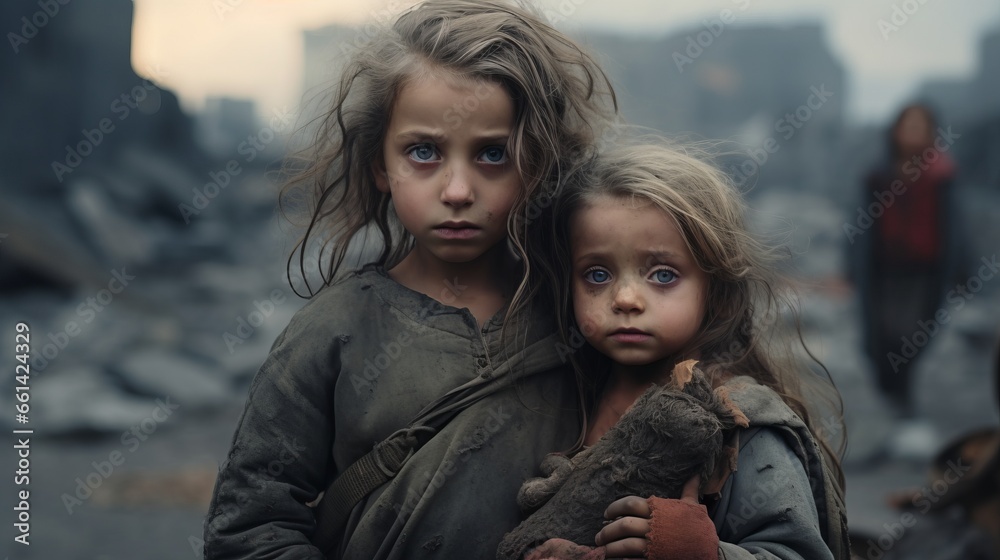 War concept, Two homeless little girls in a destroyed city, looking at the camera, soldiers, helicopters and tanks, fear, war, battle, Human rights, Humanitarian crisis