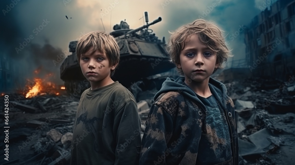 War concept, Two homeless little kids in a destroyed city, looking at the camera, soldiers, helicopters and tanks, fear, war, battle, Human rights, Humanitarian crisis