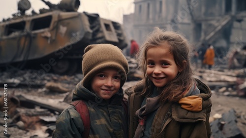 War concept, Two homeless little kids in a destroyed city, smiling at the camera, soldiers, helicopters and tanks, fear, war, battle, Human rights, Humanitarian crisis © bedaniel