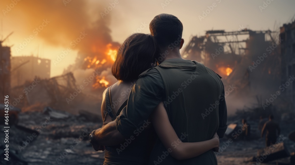 Couple embracing in a destroyed city with fire, war, destruction, love, hope, Resilience, Survivors, Human rights, Humanitarian crisis