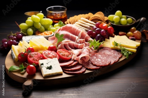 Wine and charcuterie board on black background. Italian antipasti or Spanish tapas