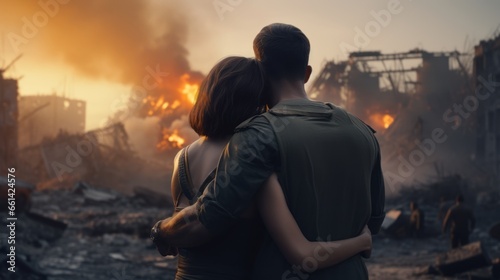Couple embracing in a destroyed city with fire, war, destruction, love, hope, Resilience, Survivors, Human rights, Humanitarian crisis