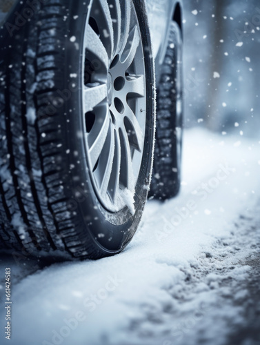 Winter tire. Detail of car tires in winter on the road covered with snow. © ekim