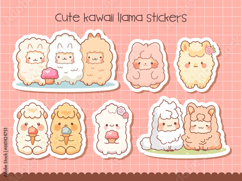 Cute kawaii llamas with ice cream sticker sheet. Vector illustrtaion. 