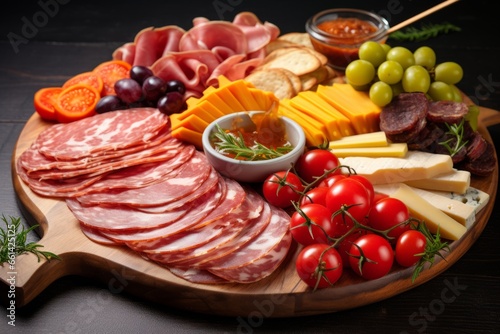 Charcuterie board on black background. Italian antipasti or Spanish tapas