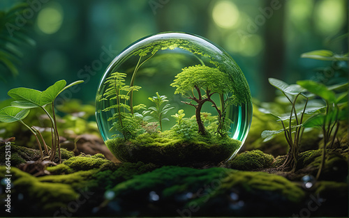 Glass globe encircled by verdant forest environment nature background - Generative AI