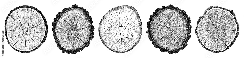 Set of distressed wood texture on white background. Cross section tree rings cut slice. Round wooden design elements. Vector illustration, EPS 10.