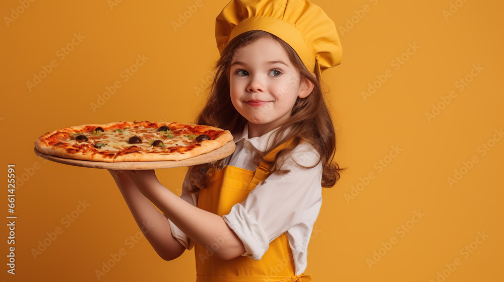 little girl wearing chef uniform standing against yellow background little girl wearing chef uniform standing against yellow background
