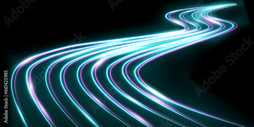 Glowing speed stripes. Traces of movement of a car. Night city lighting with long exposure. Abstract vector illustration isolated on black background. photo