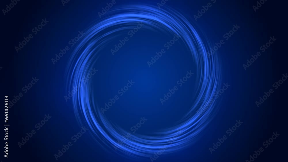 On a dark blue background , glowing lines move in a circle. Abstract animated background with free space in the middle, can be used horizontal and vertical.