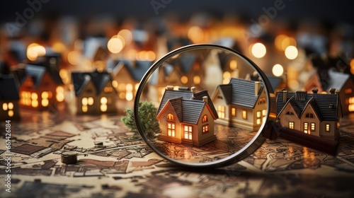 Searching for new house for purchase. Rental housing market. Magnifying glass near a residential building