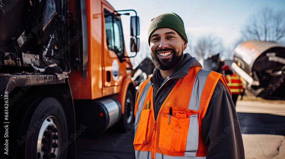 A recycling worker stands smiling and looks at the camera next to a garbage truck. Transporting garbage and garbage A recycling worker stands smiling and looks at the camera next to a garbage truck. Transporting garbage and garbage