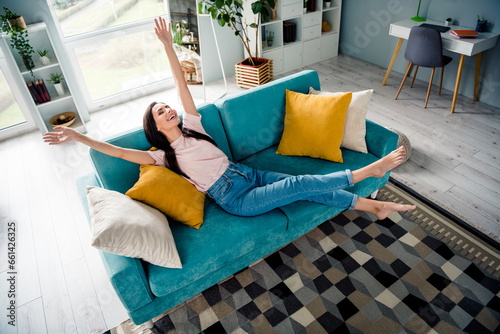Billede på lærred Top bove view photo of positive cheerful lady chilling comfy divan enjoying week