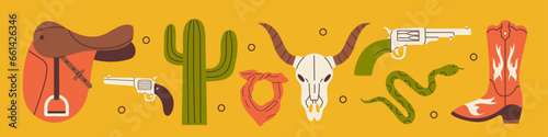 Vector western collection. Retro set of cowboy boot, bandana, gun, cactus, cow skull, saddle and snake. Wild west and Texas concept. Vintage western elements.