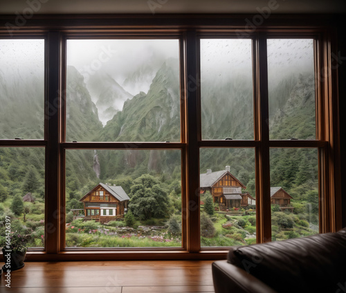 view from the window of a mountain gorge with fog and houses